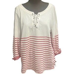 Talbots Women's Top Size Large French Stripe Coastal Nautical Red/White Lace-up